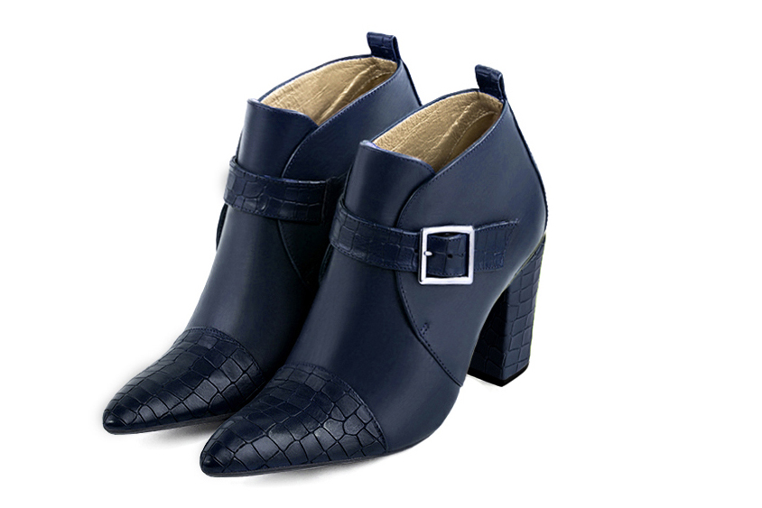 Navy blue women's ankle boots with buckles at the front. Tapered toe. High block heels. Front view - Florence KOOIJMAN